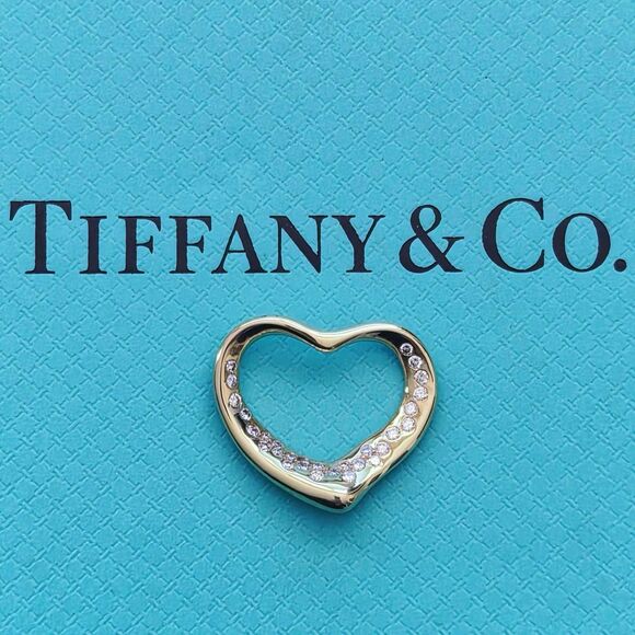 RARE Tiffany & Co. Elsa Peretti 18K Gold Diamond Open Heart 29 Diamonds Pendant